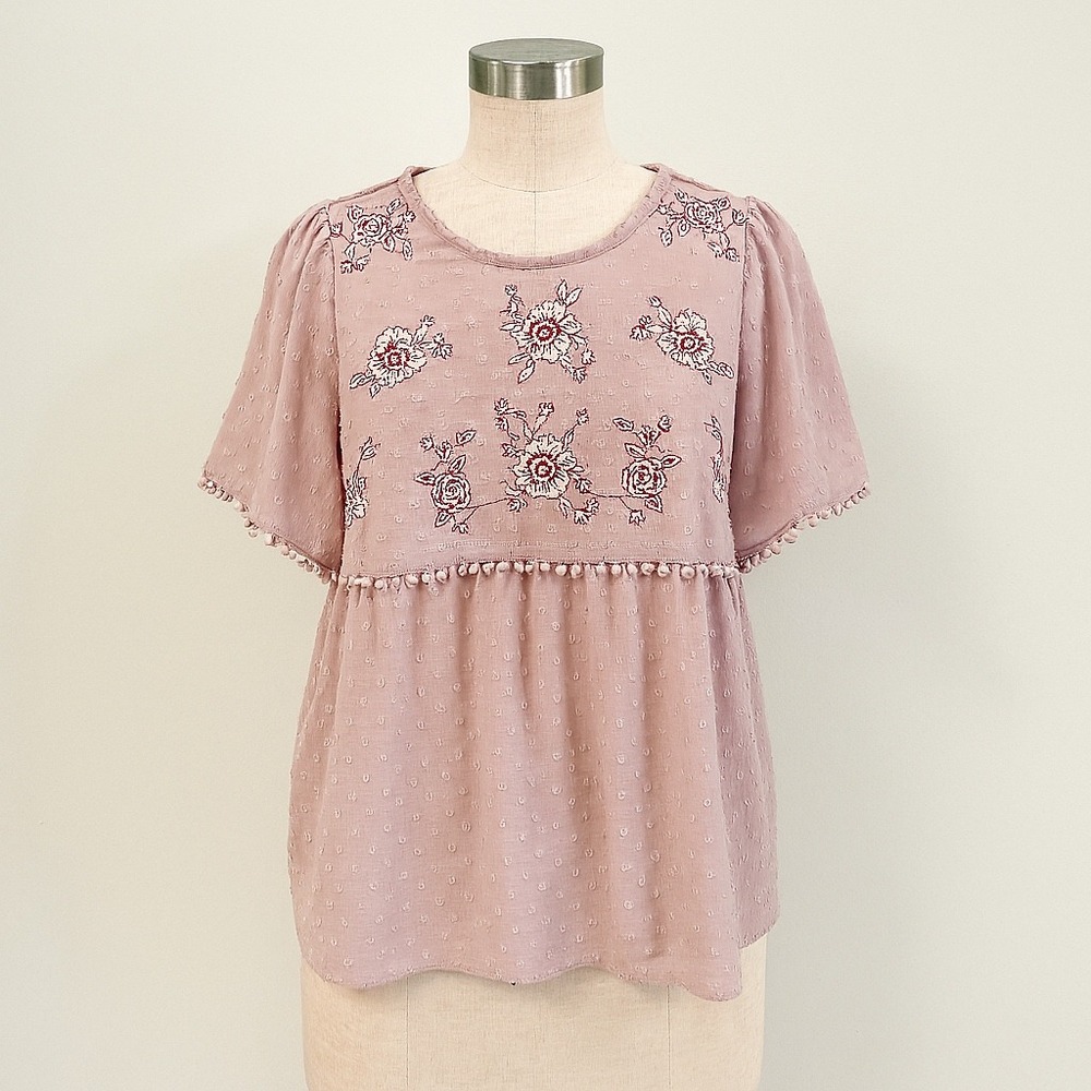 ODDI Embroidered Swiss Dot‎ Top Womens XL Pink Pom Trim Blouse Flutter Sleeve
